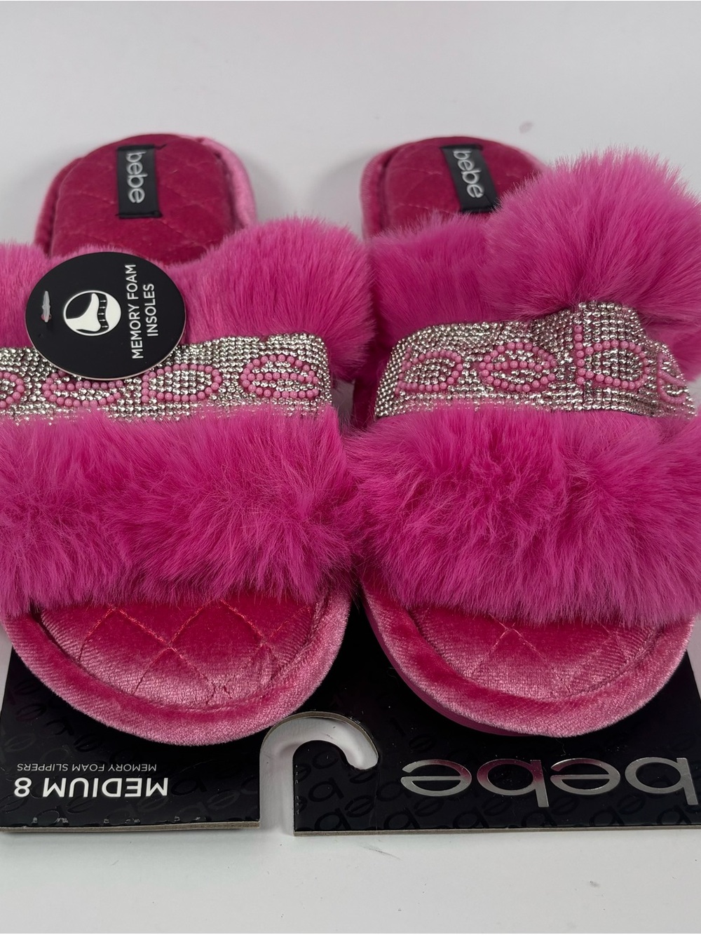 bebe Hot Pink Faux Fur Slide Slippers with Crystal Strap